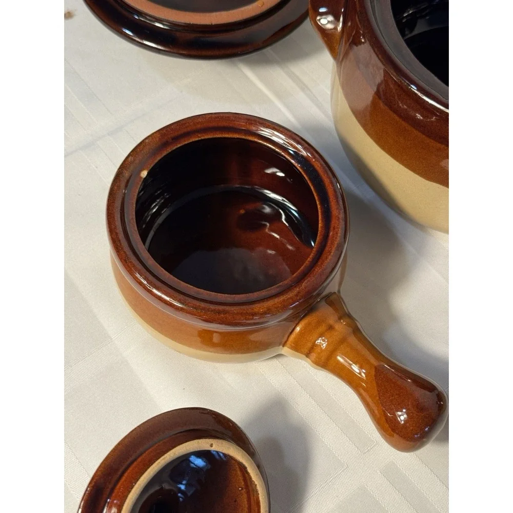 Vintage Brown Bean Pot w/ 2 Matching Handled Ramekins – Rustic Stoneware Set